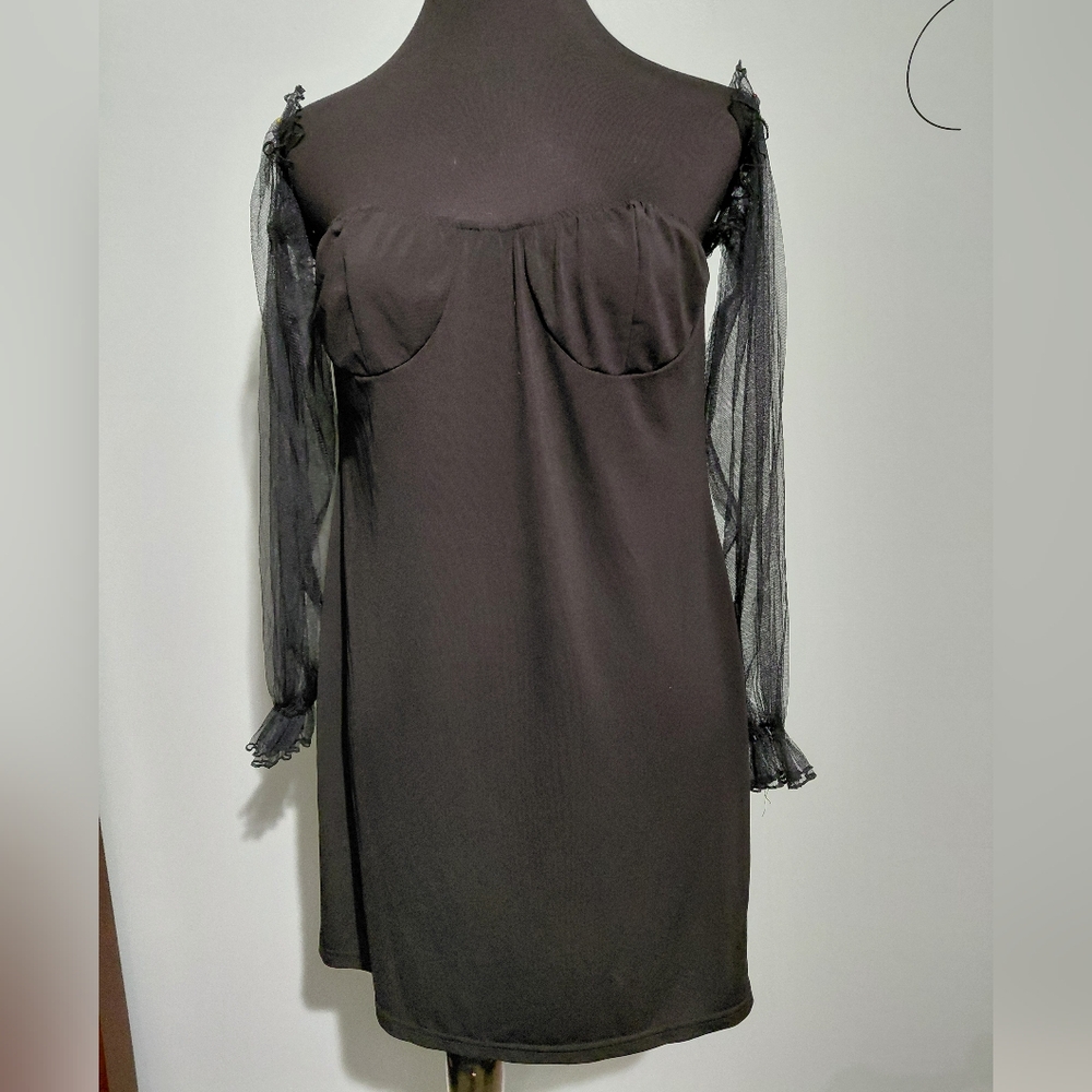 SHEIN Chic Black Dress with Sheer Long Sleeves